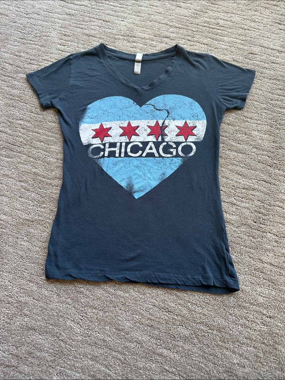 Women’s Navy V‑Neck Chicago Heart Graphic Tee with Red Stars